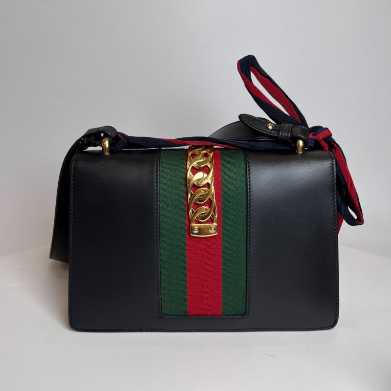 GUCCI 421882 黑色塞爾維亞緞帶單肩包中號-1