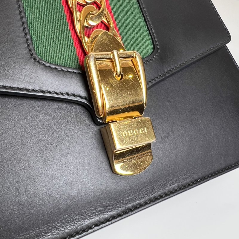GUCCI 421882 黑色塞爾維亞緞帶單肩包中號-7