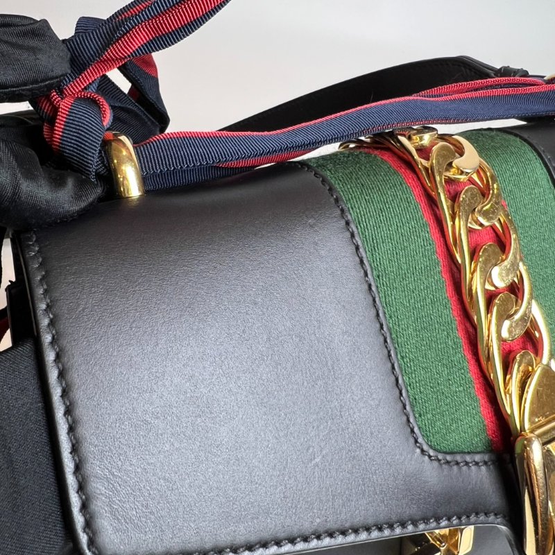 GUCCI 421882 黑色塞爾維亞緞帶單肩包中號-9