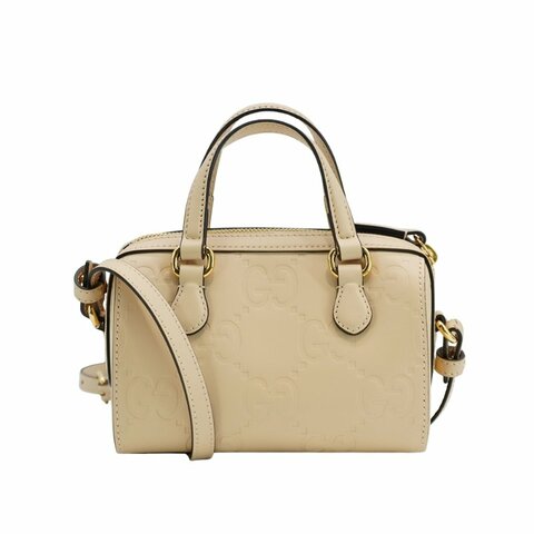 Gucci 展示品 GG Super Mini 壓紋牛皮迷你二用波士頓包(790130-米膚色)