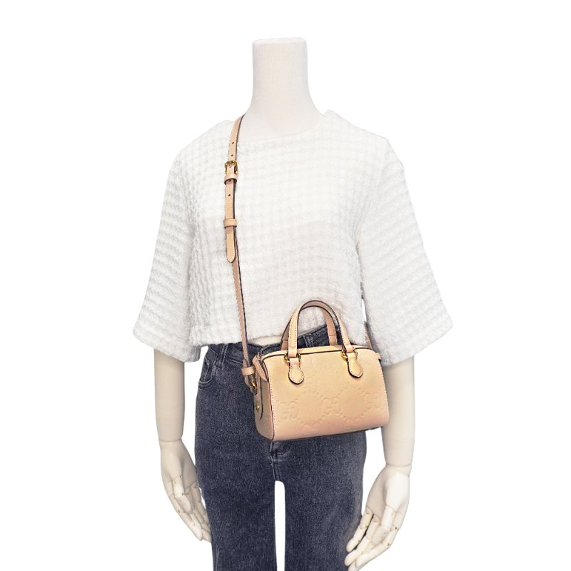 Gucci 展示品 GG Super Mini 壓紋牛皮迷你二用波士頓包(790130-米膚色)-5