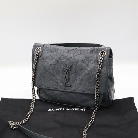 【專櫃 10 萬🌟半價有找】Saint Laurent 聖羅蘭 Niki 中型 復古牛皮革 深灰色 復古鏈條 鏈條包 單肩包 斜挎包