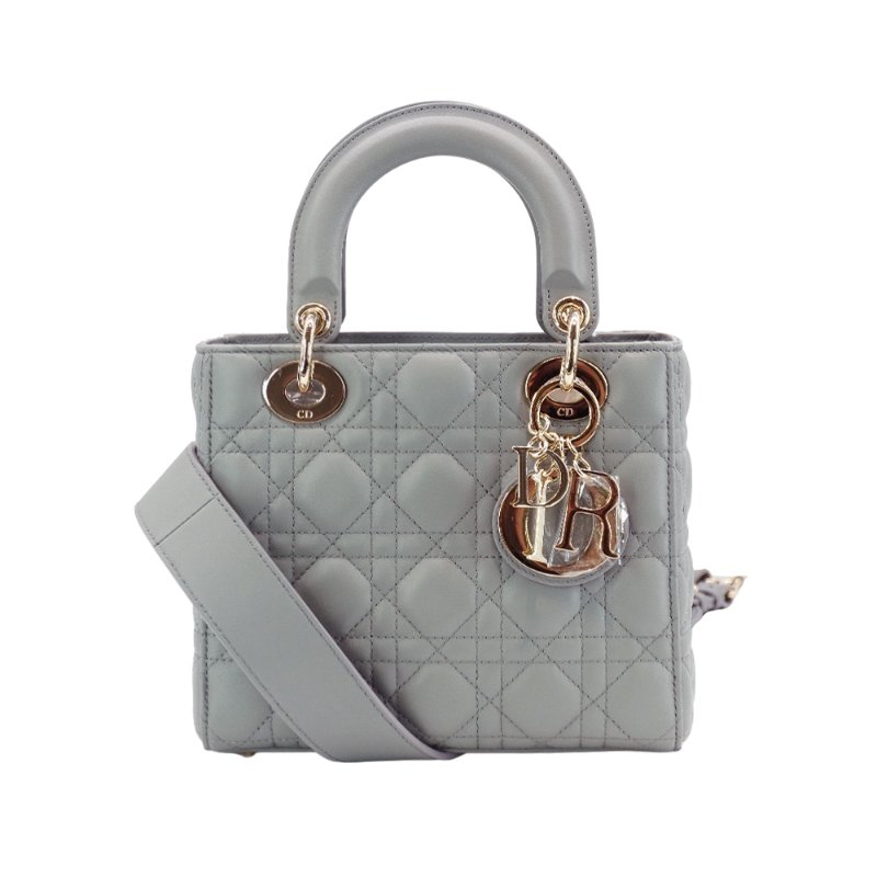 Dior 展示品 Lady Dior 籐格紋羊皮手提斜背黛妃包(灰)-0