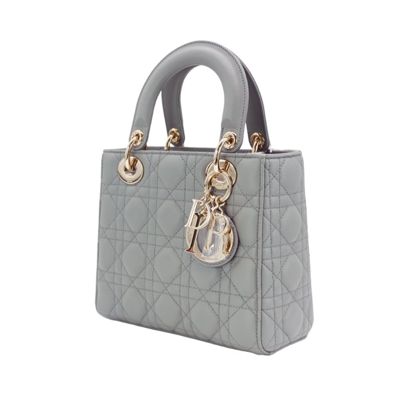 Dior 展示品 Lady Dior 籐格紋羊皮手提斜背黛妃包(灰)-1