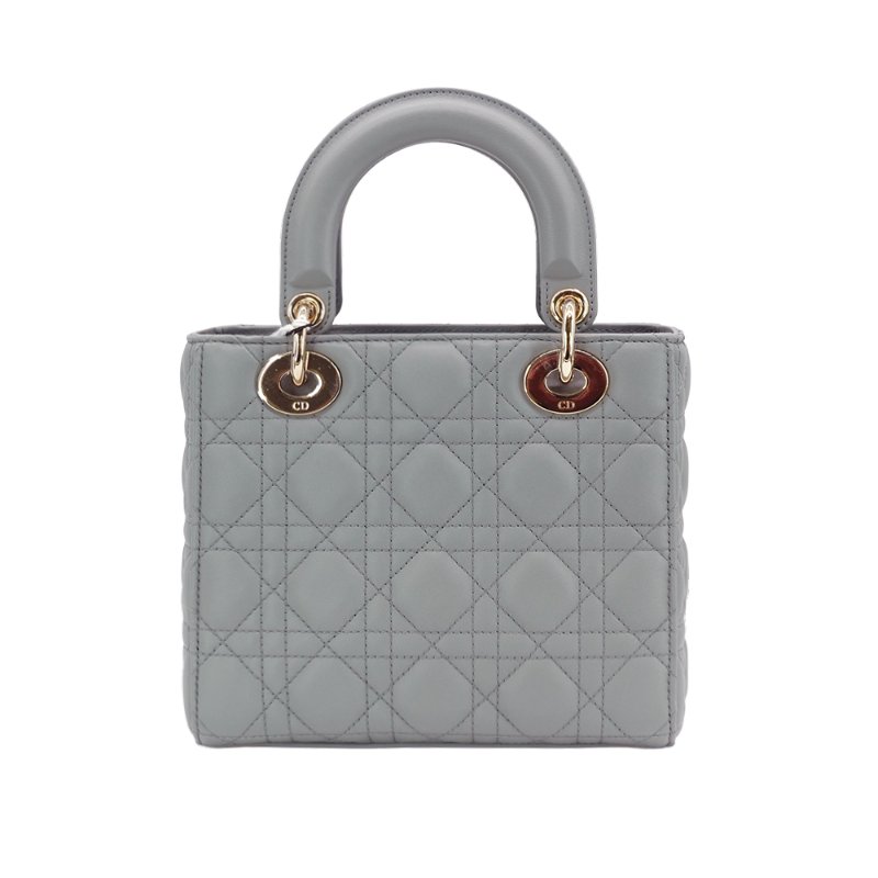 Dior 展示品 Lady Dior 籐格紋羊皮手提斜背黛妃包(灰)-2