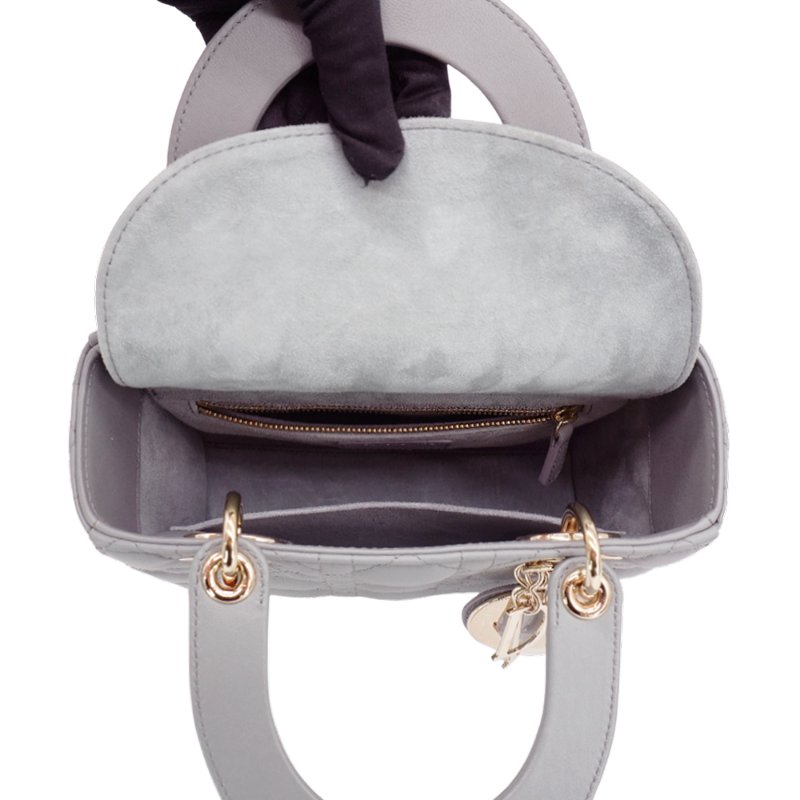 Dior 展示品 Lady Dior 籐格紋羊皮手提斜背黛妃包(灰)-4