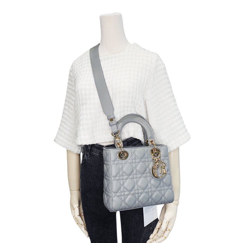 Dior 展示品 Lady Dior 籐格紋羊皮手提斜背黛妃包(灰)-5