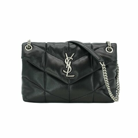 YSL Puffer 銀鍊羊皮肩背/斜背包-小(577476-黑)