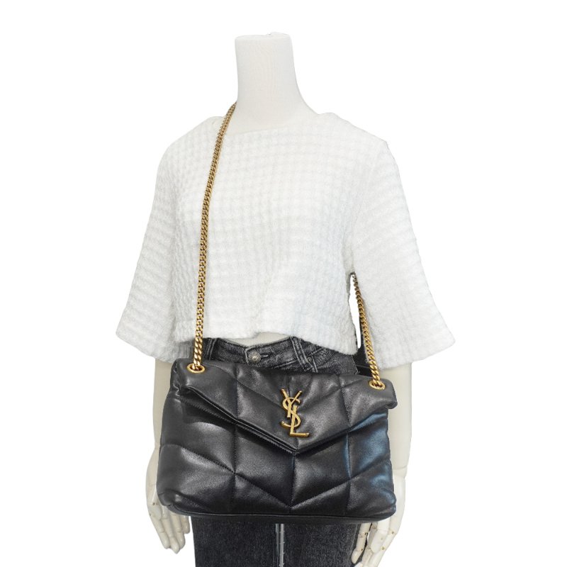 YSL Puffer 金鍊羊皮肩背/斜背包-小(577476-黑)-5