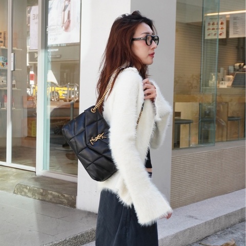 YSL Puffer 金鍊羊皮肩背/斜背包-小(577476-黑)