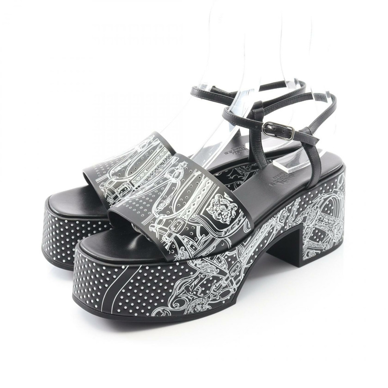 愛馬仕 Kervera 35 涼鞋 #38 鞋跟 H251220Z02350 黑色皮革二手女鞋-0