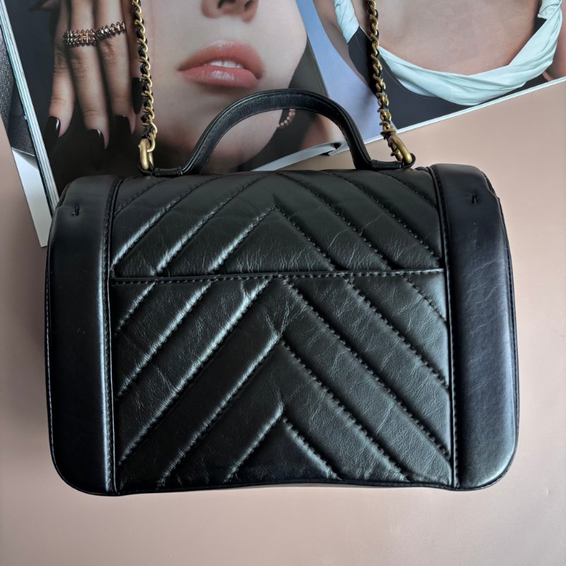 ::CHANEL:: Chevron Top Handle Flap Bag 黑色提把山形紋口蓋斜背鏈包-1