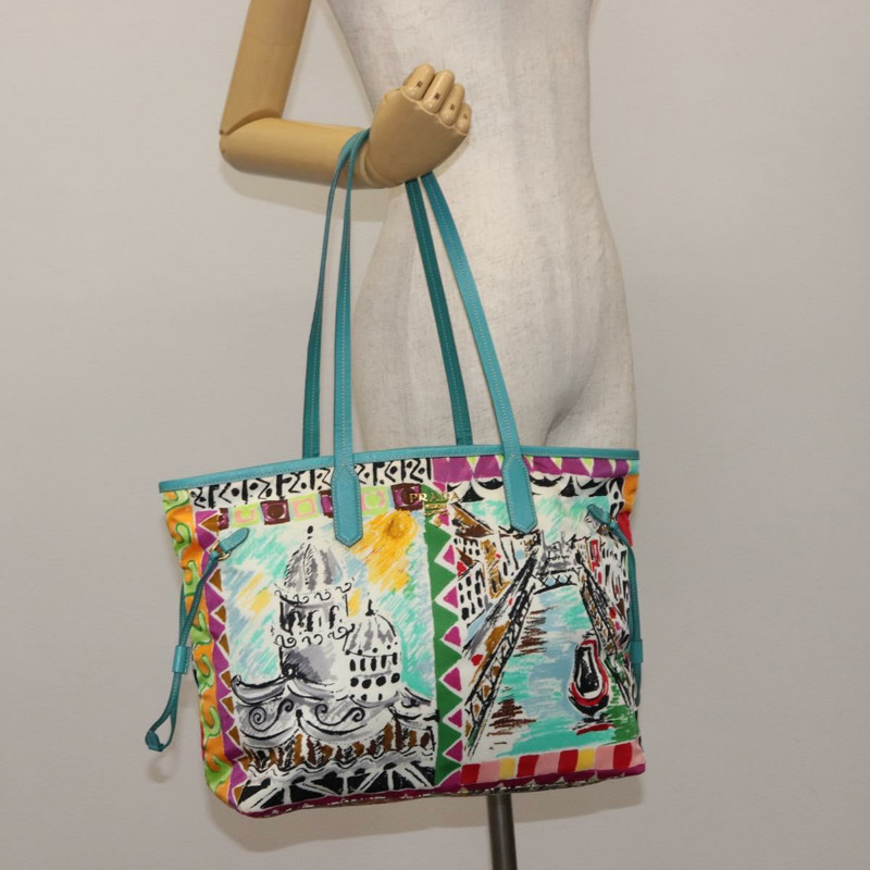 【日本直送】PRADA 托特包 尼龍皮革 綠松石藍 金色 正品 147406-21