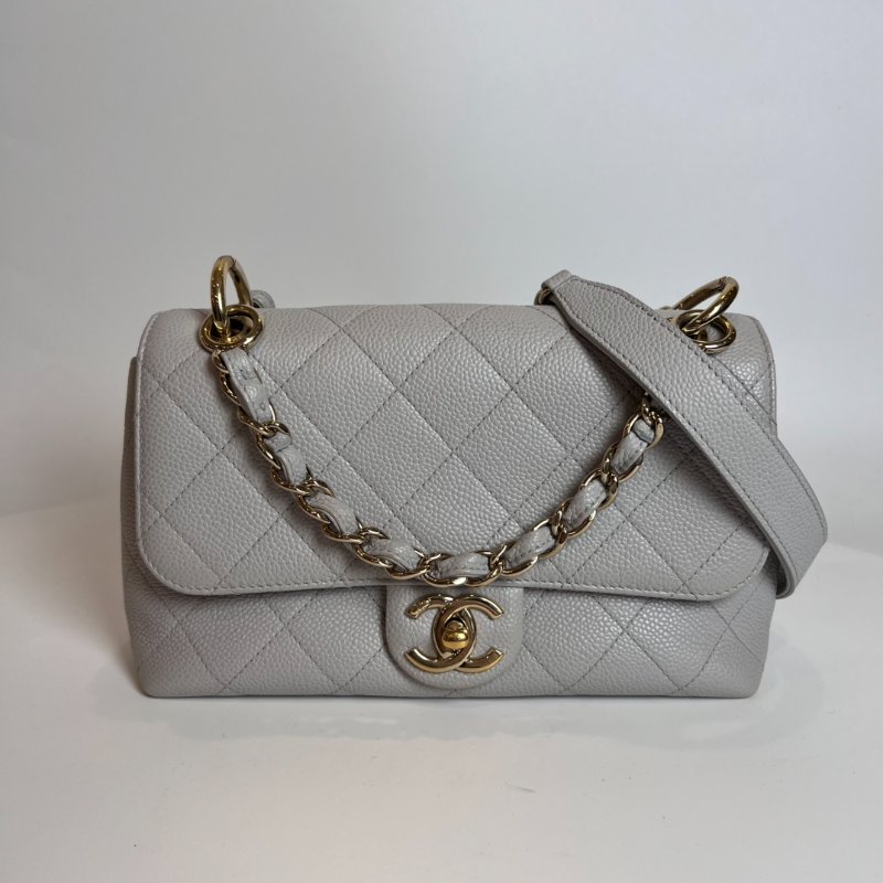 CHANEL 29開 灰CF荔枝菱格紋金鍊條包-0
