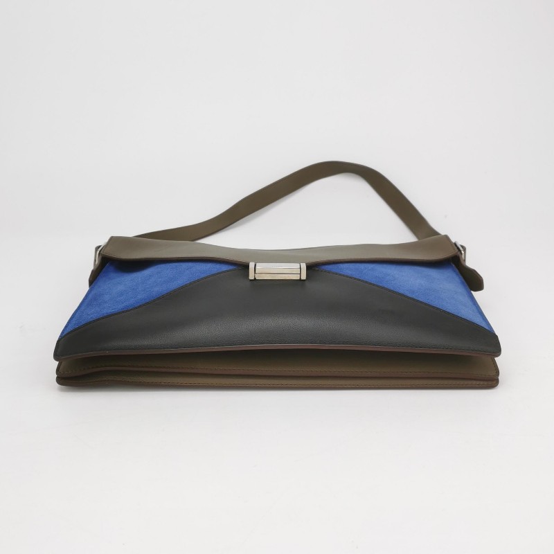 Celine Diamond牛皮翻毛皮拼色金屬扣單肩包-5