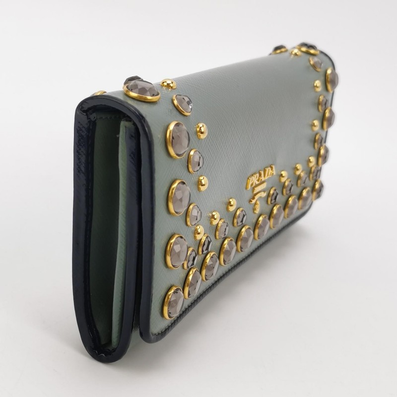 Prada 牛皮純色水鑽裝飾字母logo徽標錢包-2