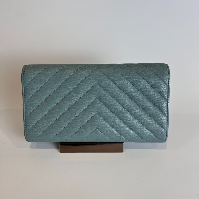 CHANEL 25開 CF荔枝皮山形紋長夾 湖水綠銀扣-1