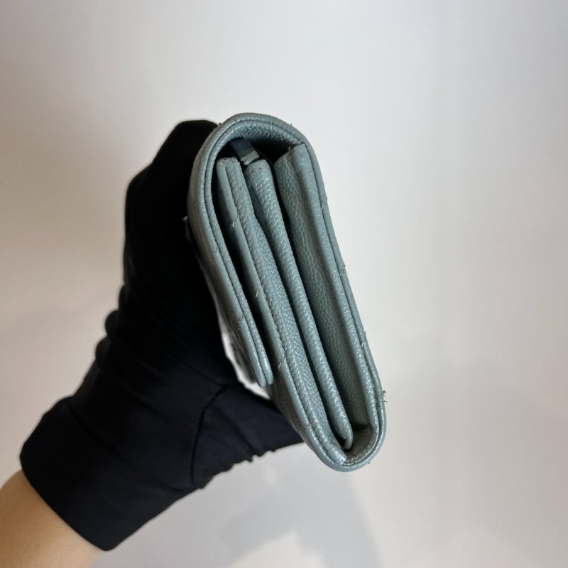 CHANEL 25開 CF荔枝皮山形紋長夾 湖水綠銀扣-3