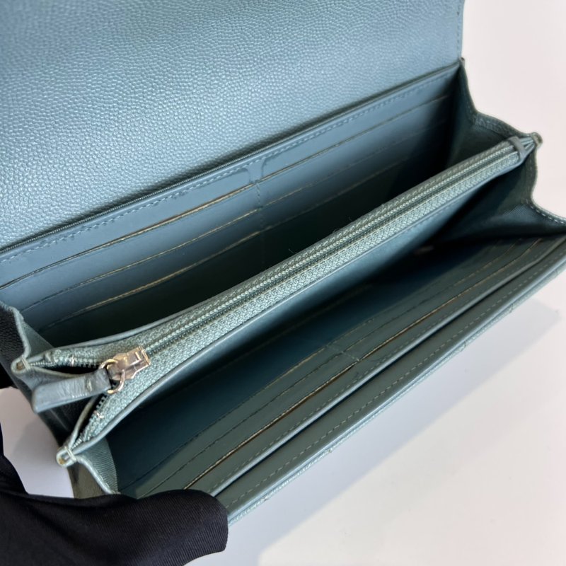 CHANEL 25開 CF荔枝皮山形紋長夾 湖水綠銀扣-5