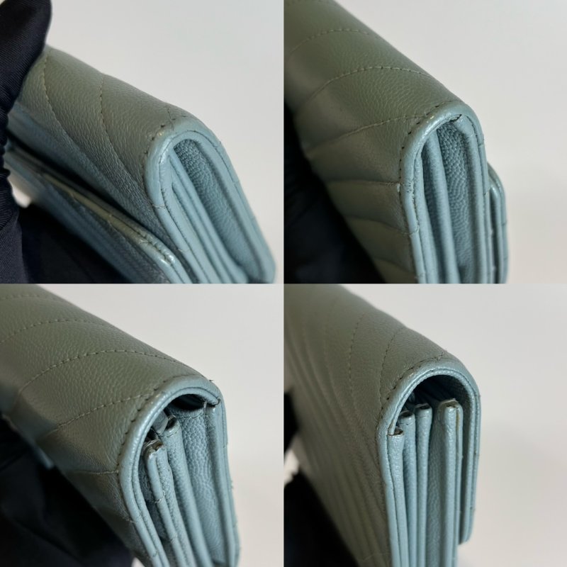 CHANEL 25開 CF荔枝皮山形紋長夾 湖水綠銀扣-7