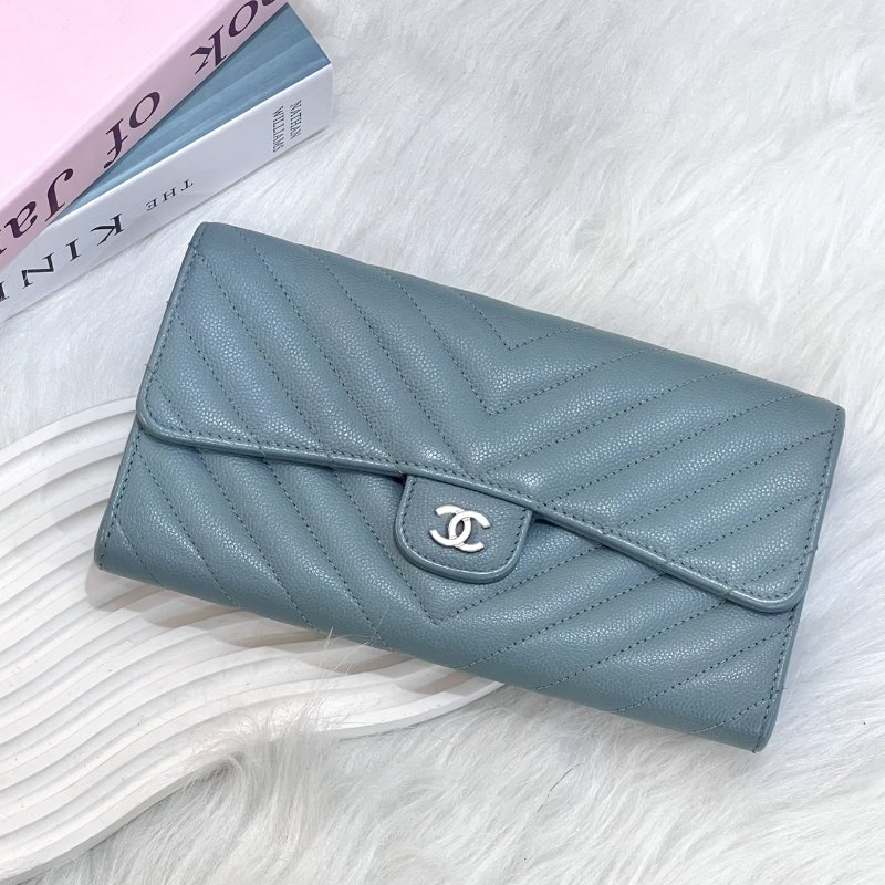 CHANEL 25開 CF荔枝皮山形紋長夾 湖水綠銀扣-0