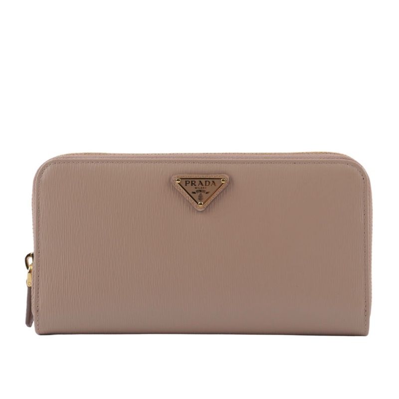 三角牌Logo水波紋皮革ㄇ型拉鏈長夾(藕粉色)-0