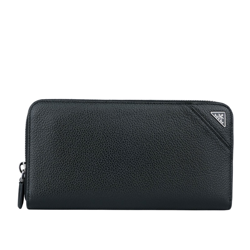 銀色三角牌Logo 粒紋皮革ㄇ型拉鍊長夾(黑色)-0