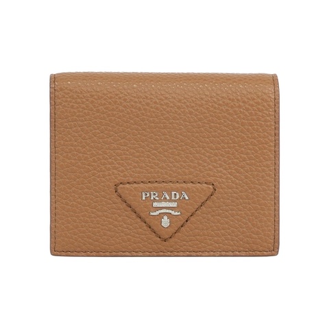 縫線三角Logo 牛皮二折零錢袋短夾(焦糖色)