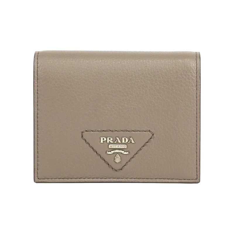 縫線三角Logo 牛皮二折零錢袋短夾(水泥灰)-0