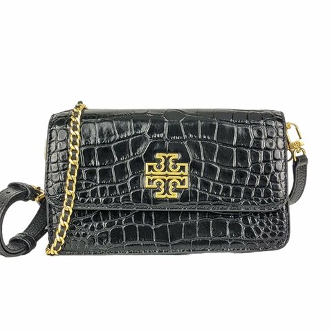【TORY BURCH】皮紋皮革斜背包-黑色