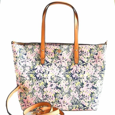【TORY BURCH】印花皮革兩用托特包-粉紅花卉