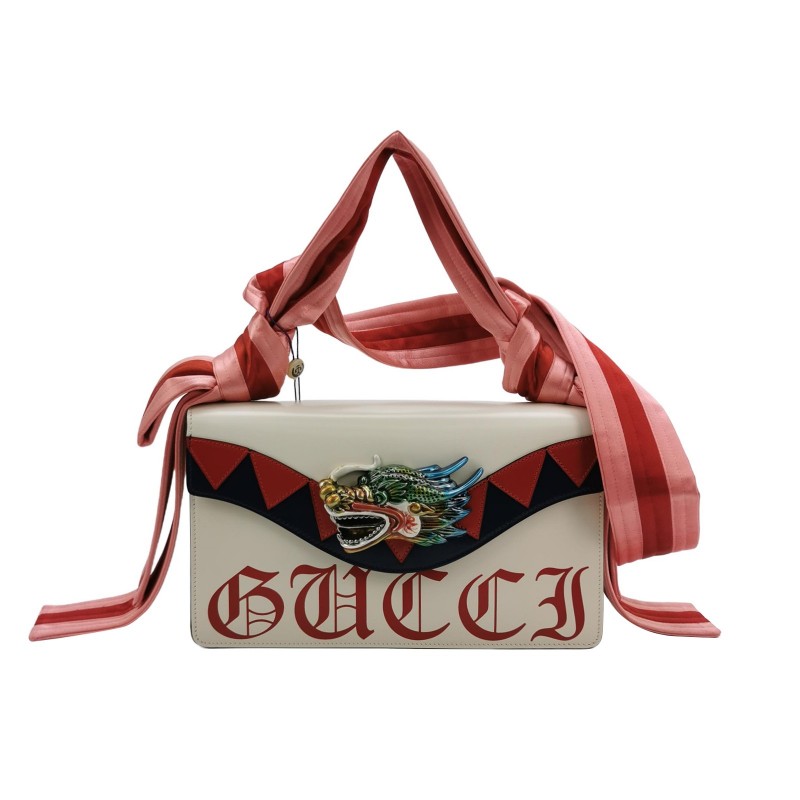 Gucci牛皮緞面拼色翻蓋單肩包-0