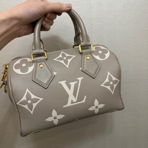 LV 斑鳩灰牛皮金釦Speedy 20手提斜背波士頓包M46575