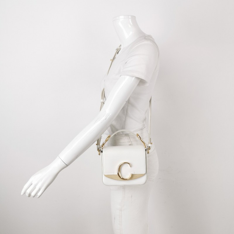 Chloe C迷你牛皮翻毛皮拼皮字母C徽飾斜挎包單肩包-1