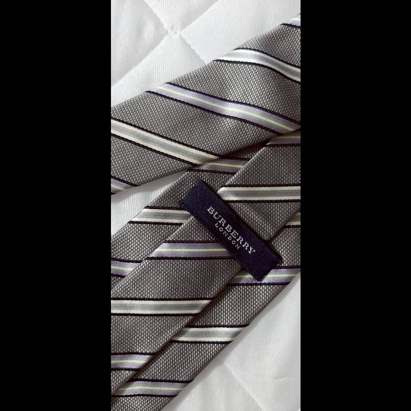 （日本製MIJ）BURBERRY博柏利 LONDON 銀灰斜紋絲質領帶-3