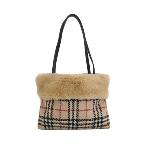 Burberry牛皮拼色格紋單肩包