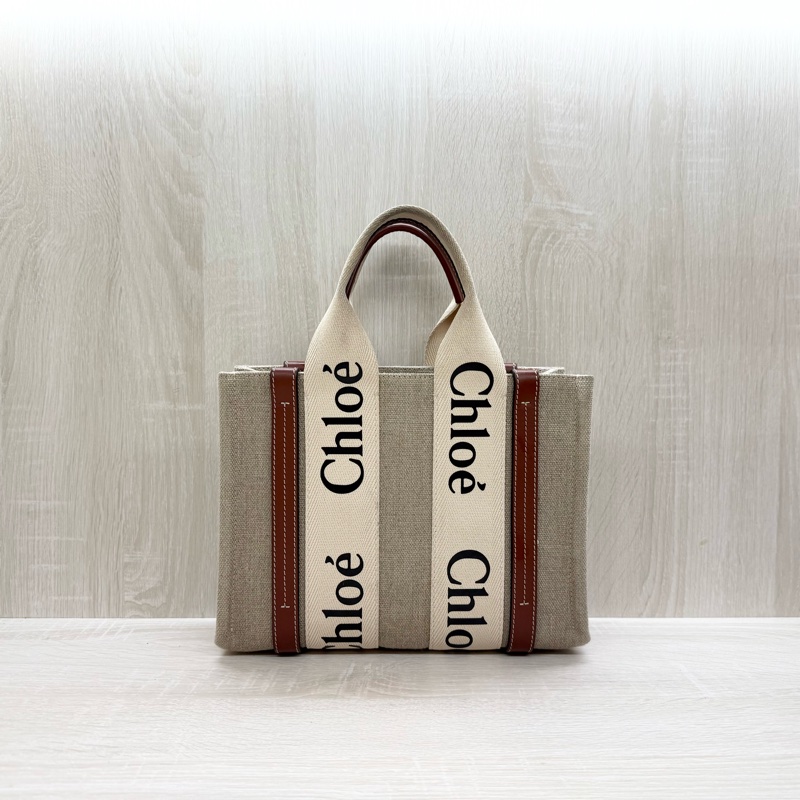 Chloe棕色牛皮拚帆布小號woody側背托特包-1
