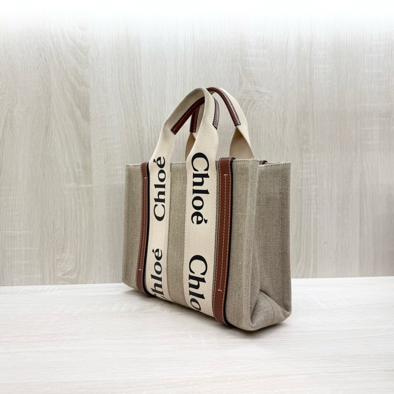 Chloe棕色牛皮拚帆布小號woody側背托特包-2