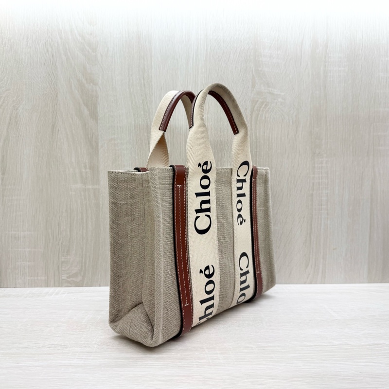 Chloe棕色牛皮拚帆布小號woody側背托特包-3