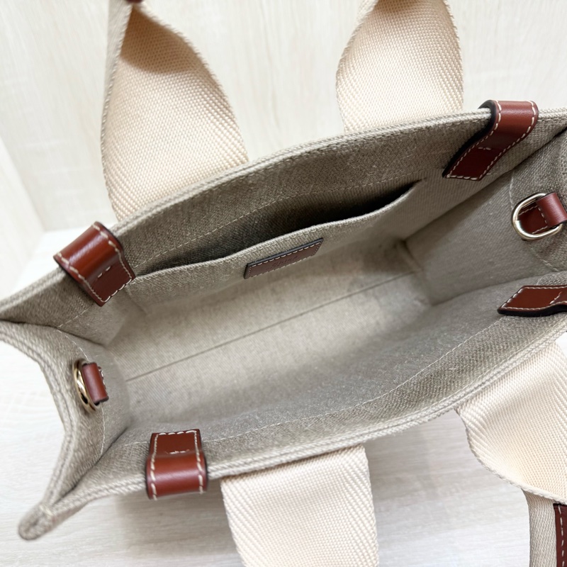 Chloe棕色牛皮拚帆布小號woody側背托特包-4