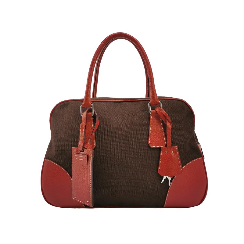 Prada牛皮帆布拼色三角徽標拉鍊手提包-0