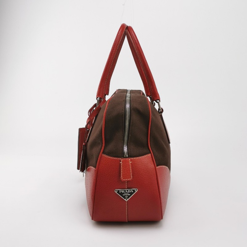 Prada牛皮帆布拼色三角徽標拉鍊手提包-2