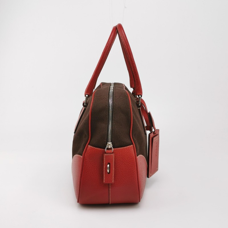 Prada牛皮帆布拼色三角徽標拉鍊手提包-3