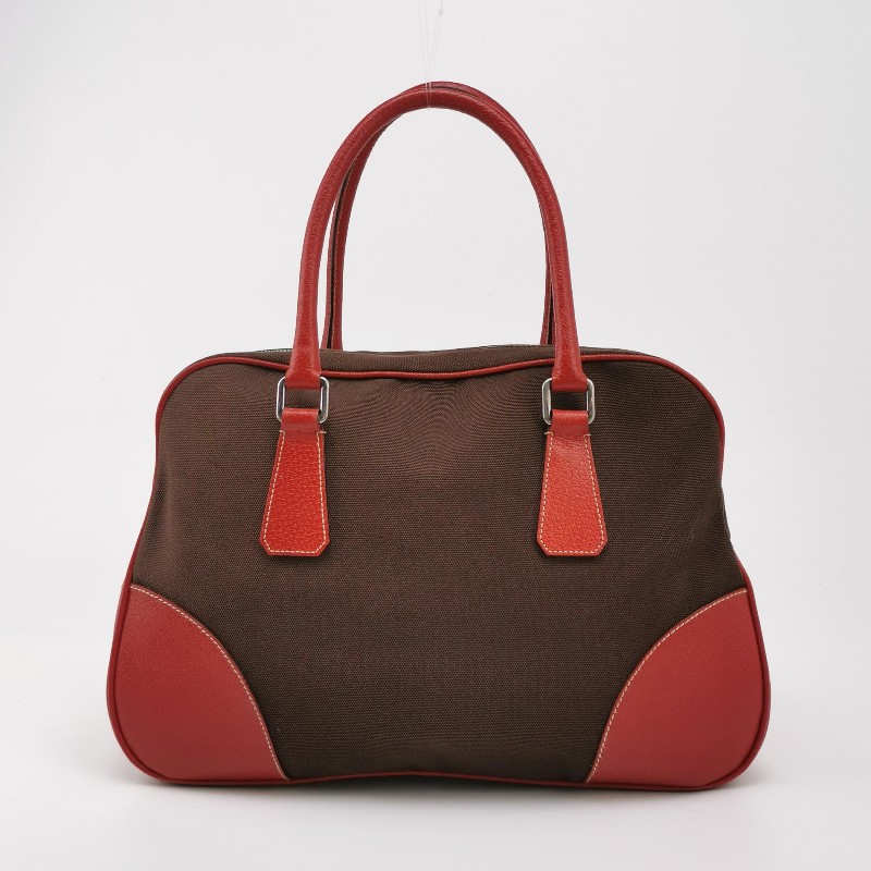 Prada牛皮帆布拼色三角徽標拉鍊手提包-4