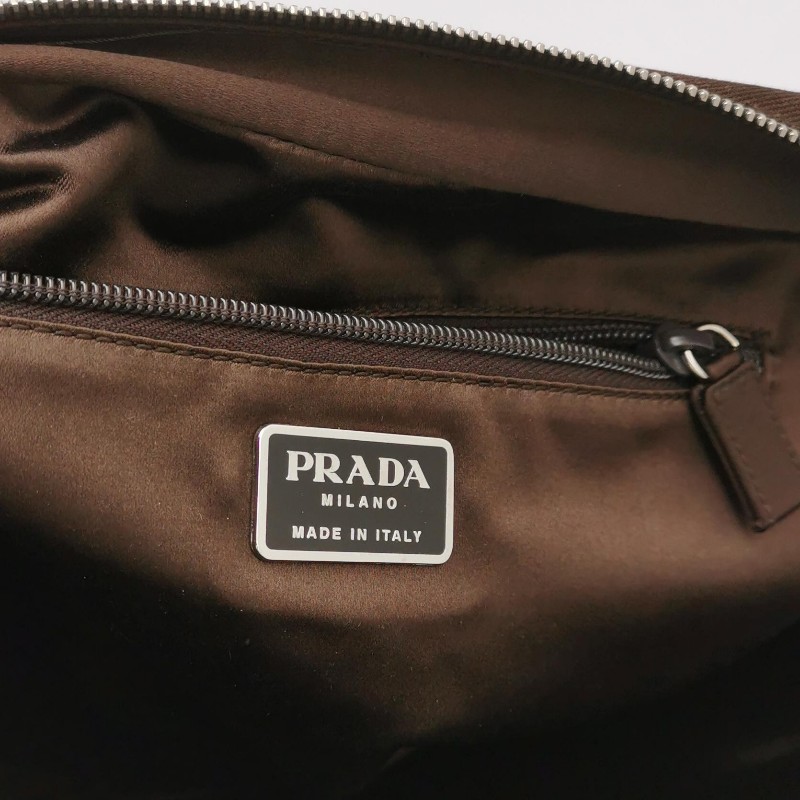 Prada牛皮帆布拼色三角徽標拉鍊手提包-7