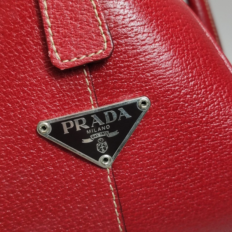 Prada牛皮帆布拼色三角徽標拉鍊手提包-13