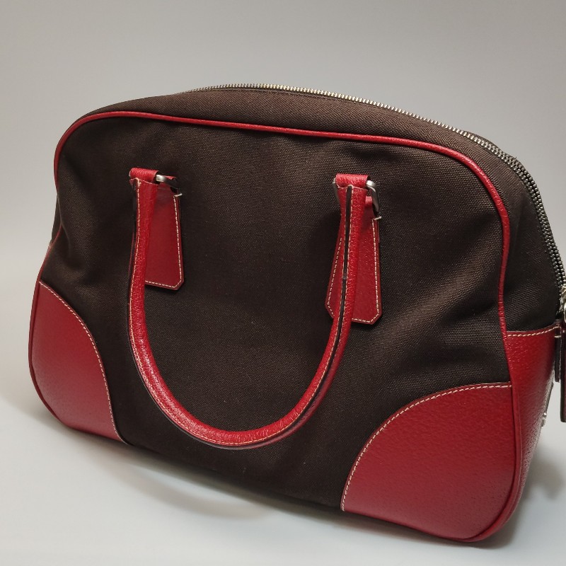 Prada牛皮帆布拼色三角徽標拉鍊手提包-20