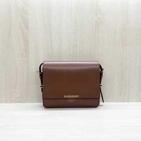 BURBERRY棕色拚黑邊牛皮GRACE下蓋肩側背包8012004
