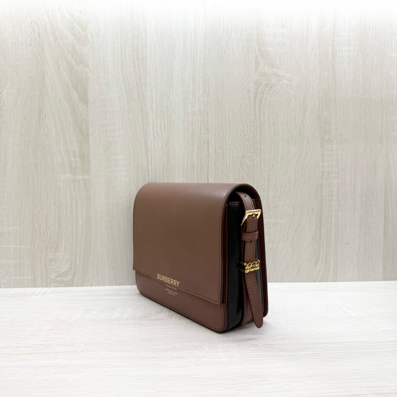 BURBERRY棕色拚黑邊牛皮GRACE下蓋肩側背包8012004-2