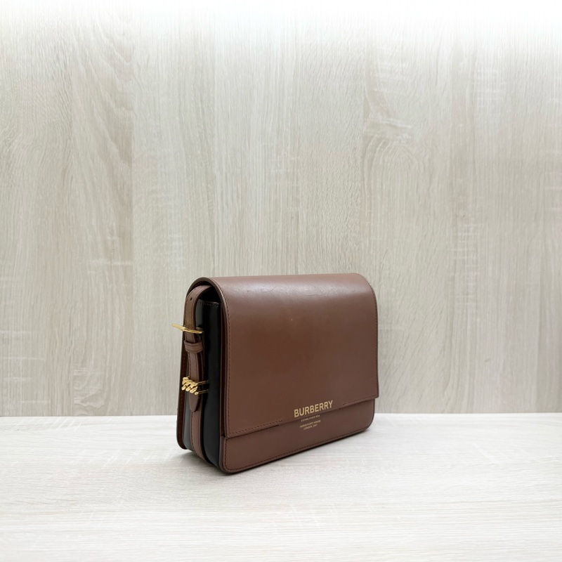 BURBERRY棕色拚黑邊牛皮GRACE下蓋肩側背包8012004-3